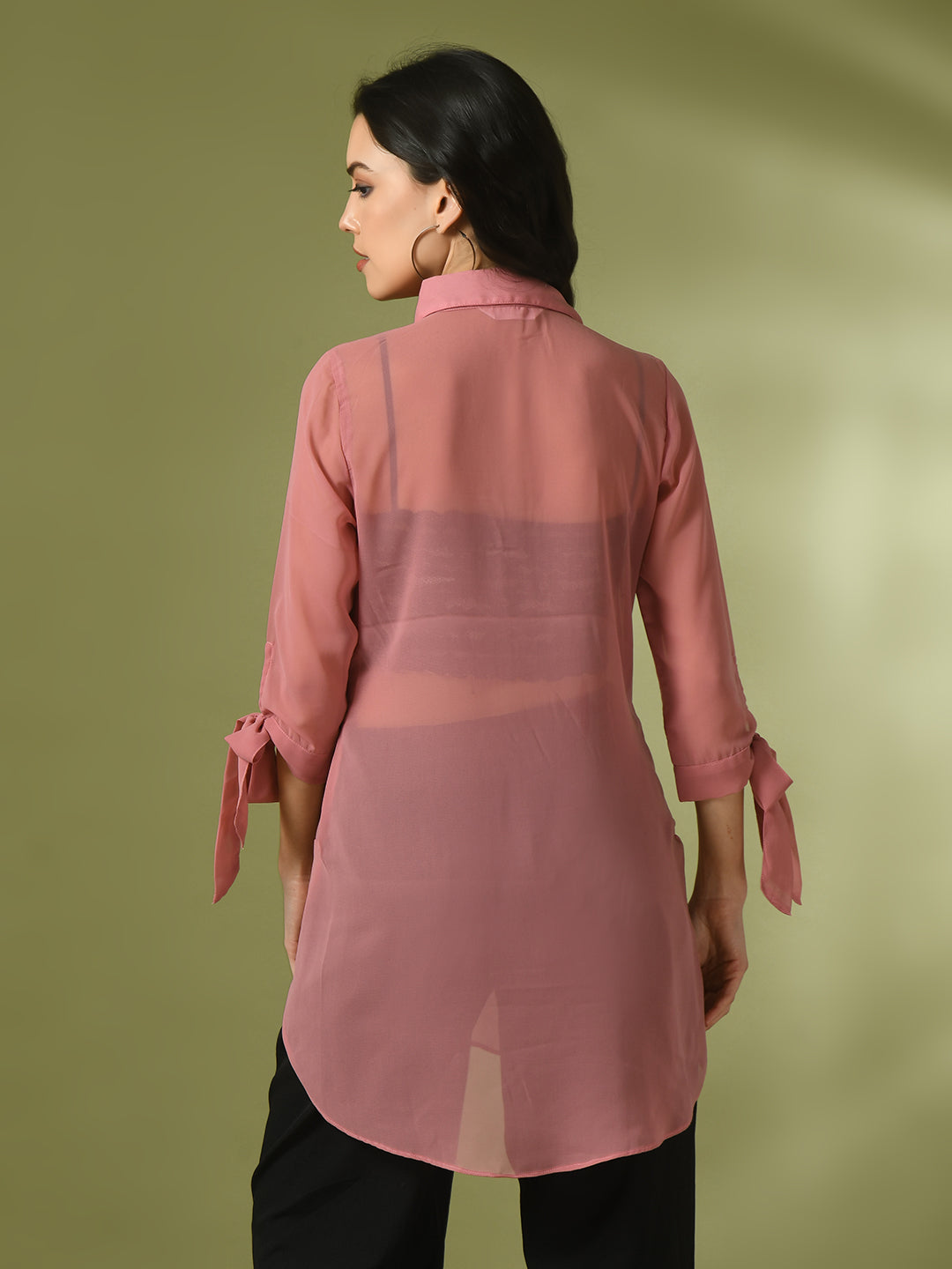 Women's Pink Solid Georgette Longline Party Sheer Tunic - Myshka