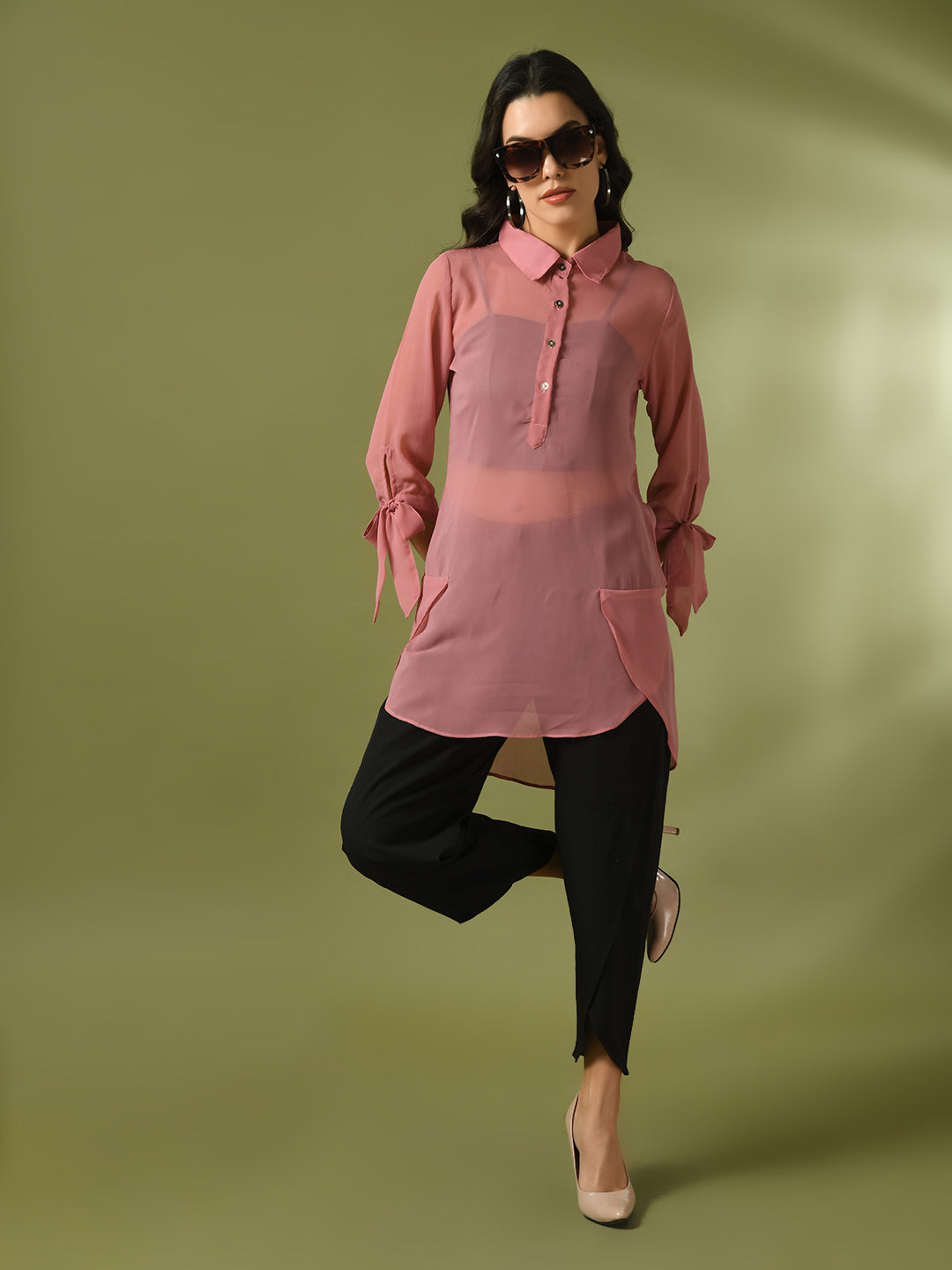 Women's Pink Solid Georgette Longline Party Sheer Tunic - Myshka