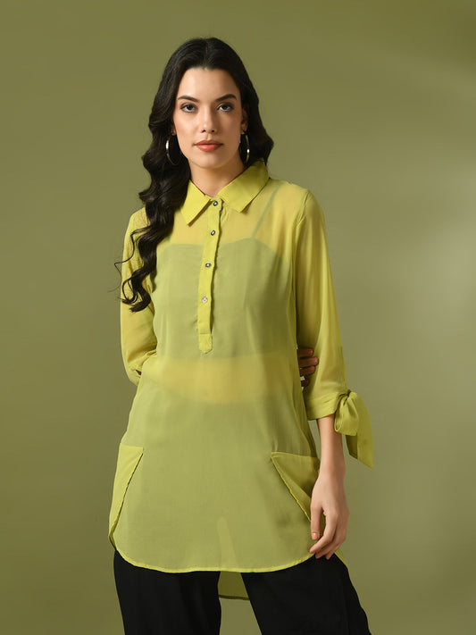 Myshka Women's Yellow Solid Georgette Longline Party Sheer Tunic