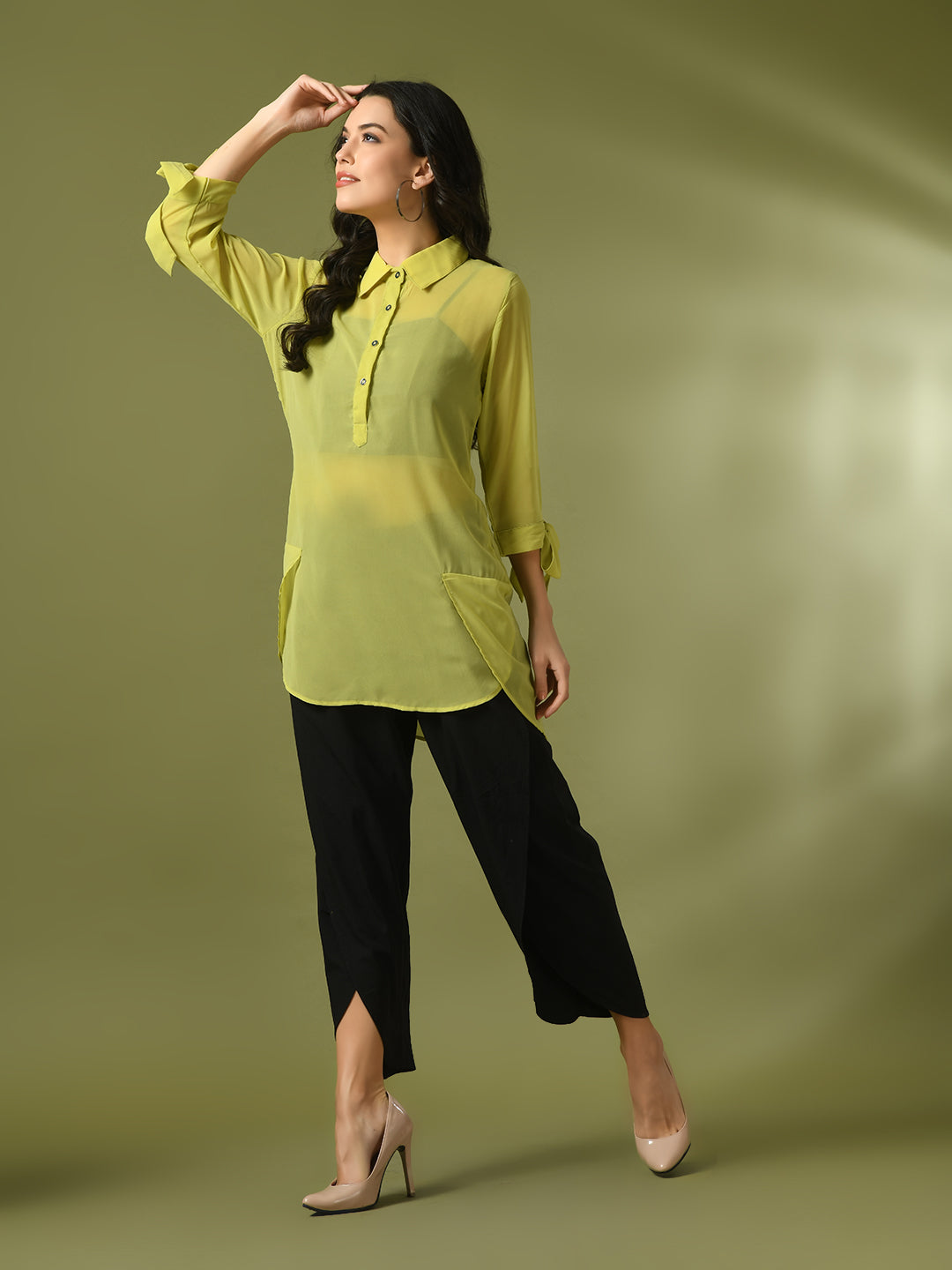 Myshka Women's Yellow Solid Georgette Longline Party Sheer Tunic