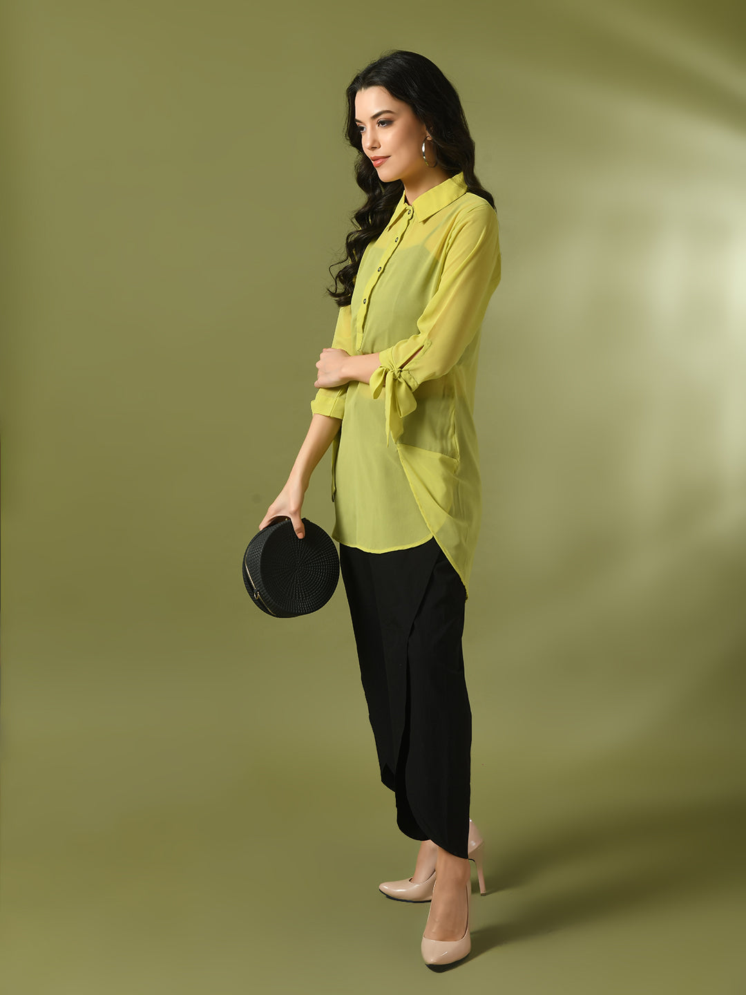 Myshka Women's Yellow Solid Georgette Longline Party Sheer Tunic