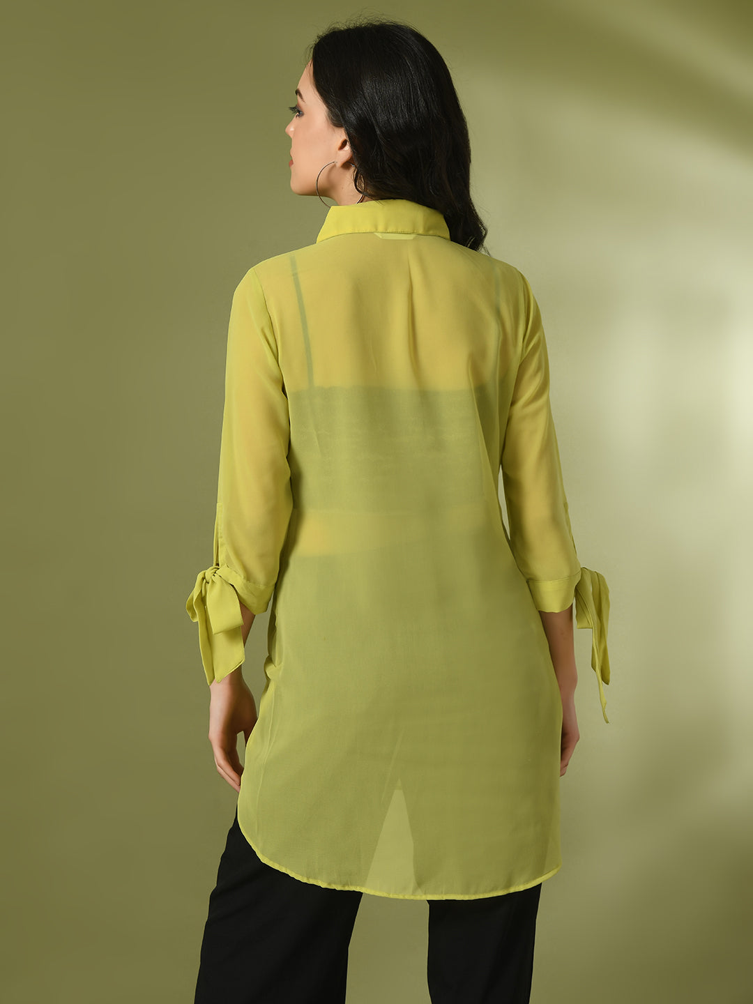 Myshka Women's Yellow Solid Georgette Longline Party Sheer Tunic