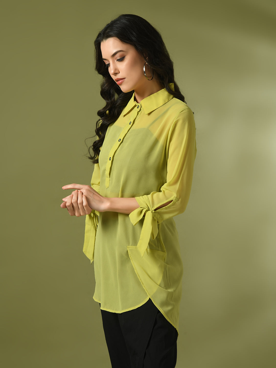 Myshka Women's Yellow Solid Georgette Longline Party Sheer Tunic