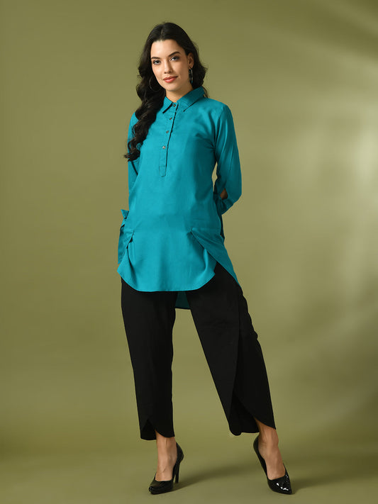 Myshka Women's Turquoise Blue Solid Cotton Longline Party Sheer Tunic