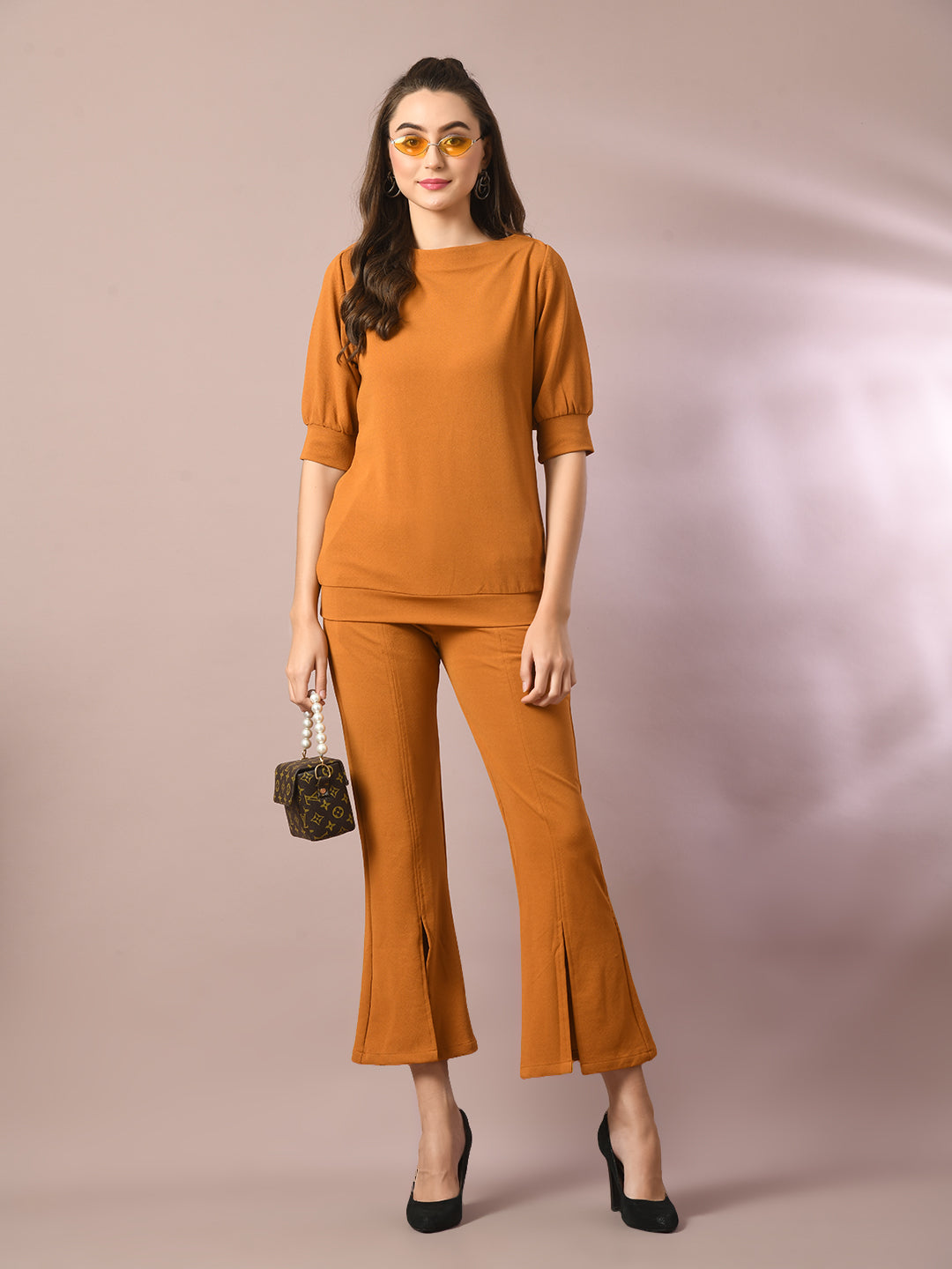 Women's Mustard Solid Boat Neck Party Top - Myshka