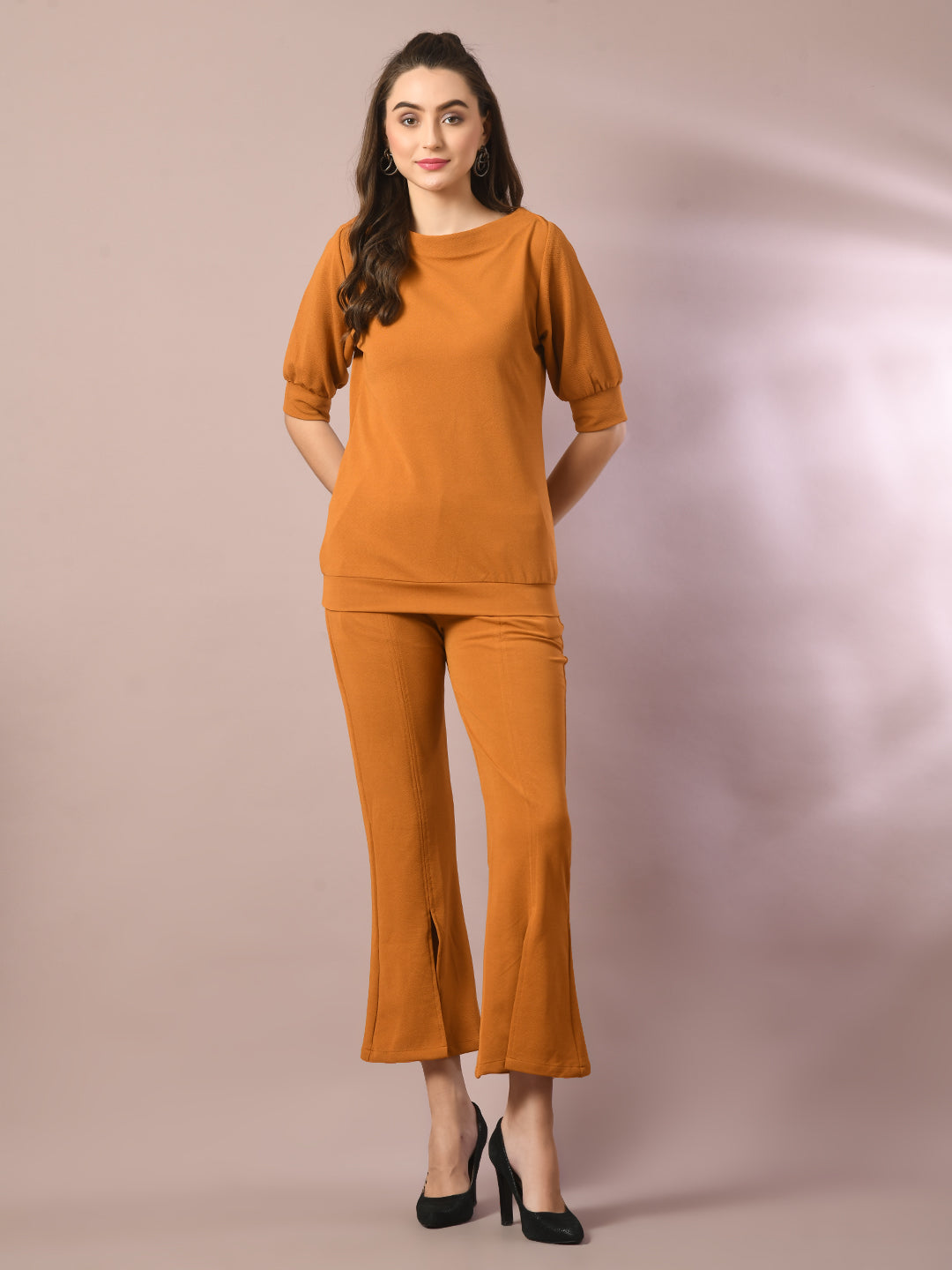 Women's Mustard Solid Boat Neck Party Top - Myshka