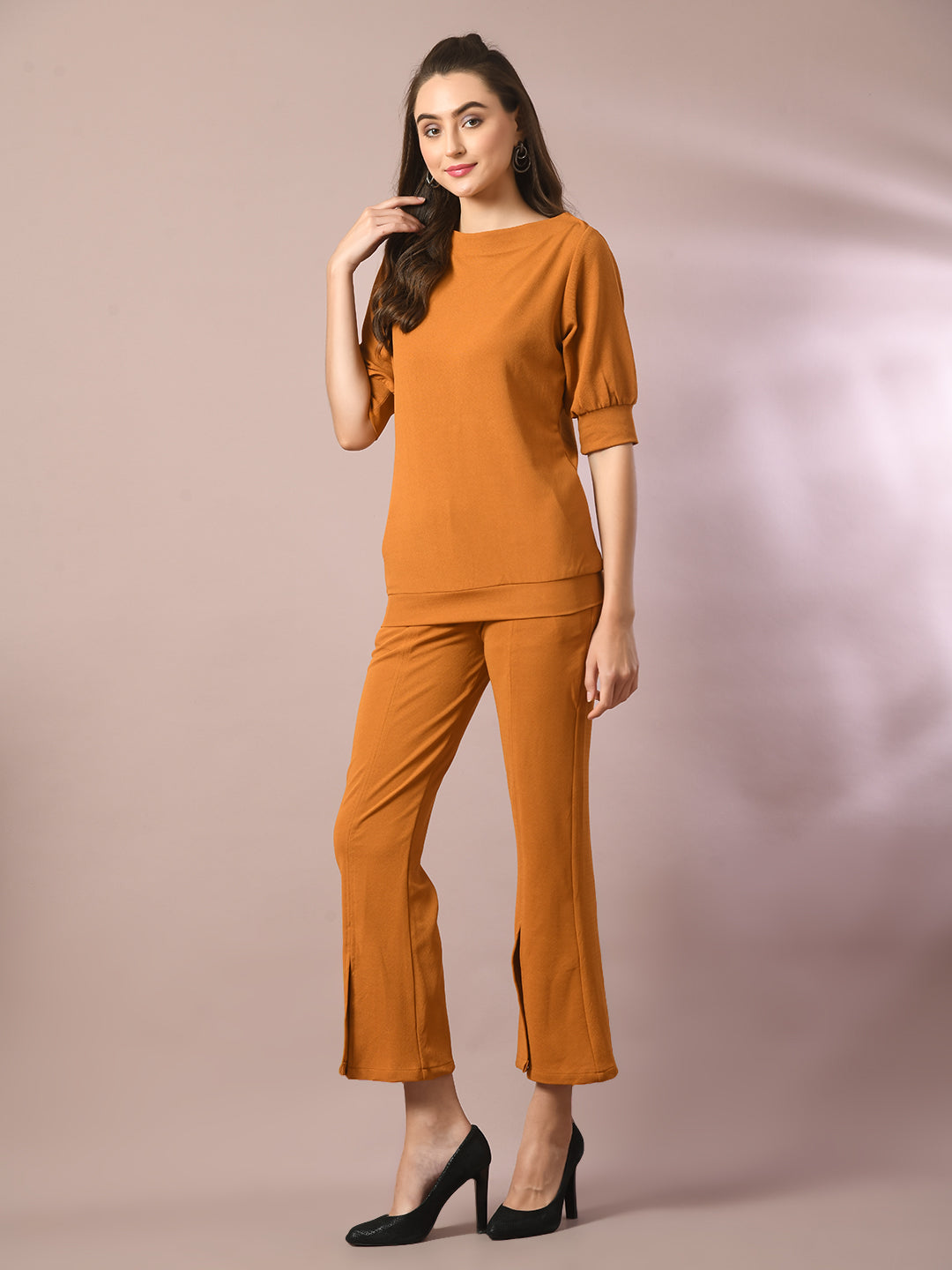 Women's Mustard Solid Boat Neck Party Top - Myshka