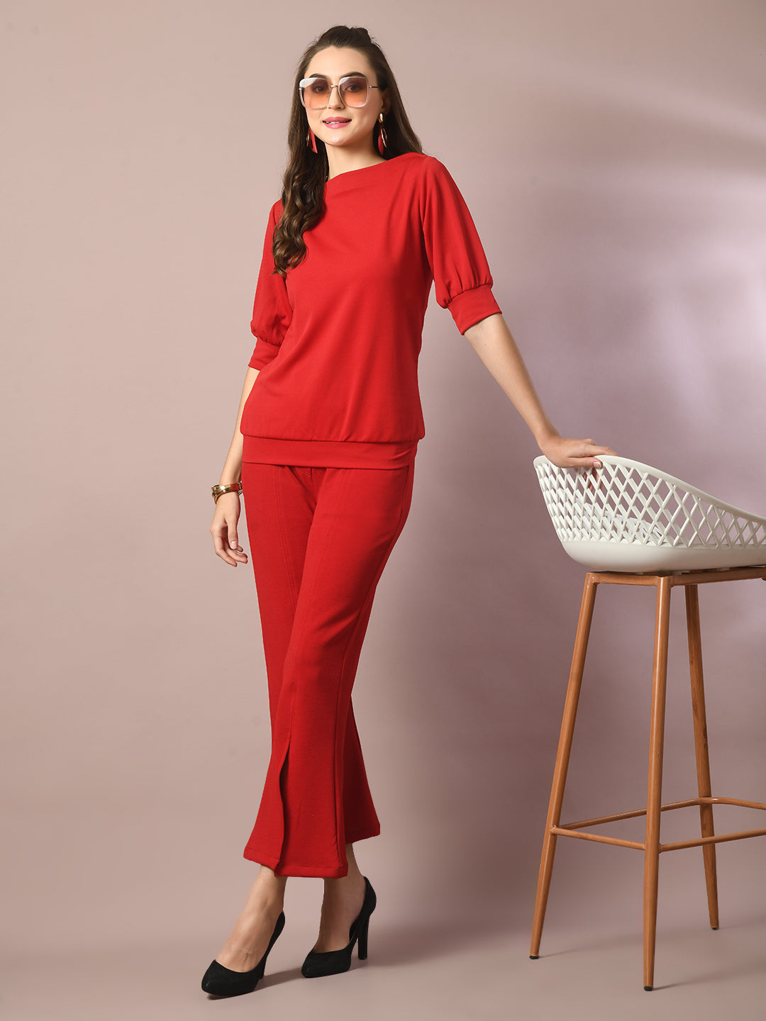 Women's Red Solid Boat Neck Party Top - Myshka