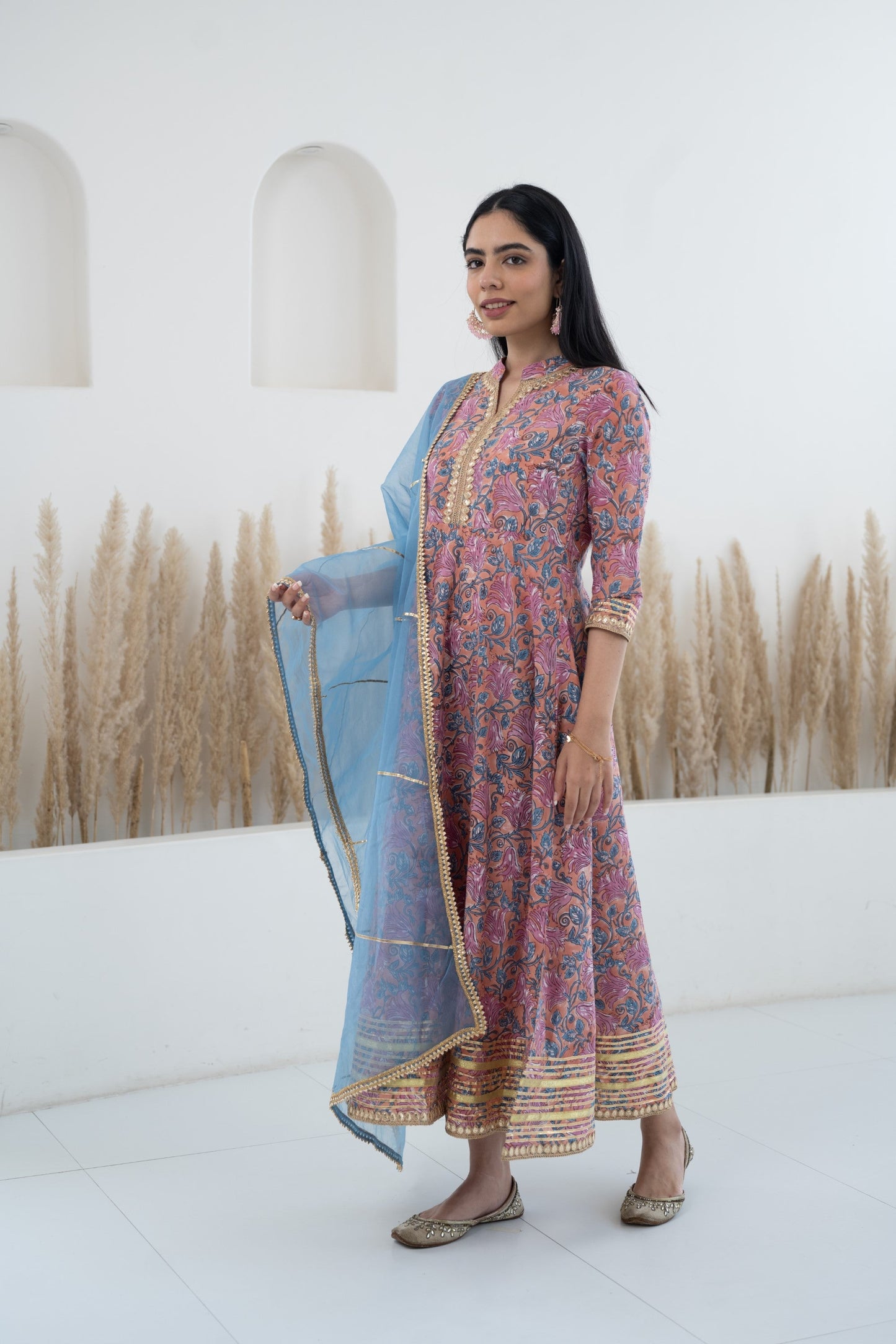 Women's Floral Printed Anarkali Gown with Dupatta by Myshka- 2 pc set