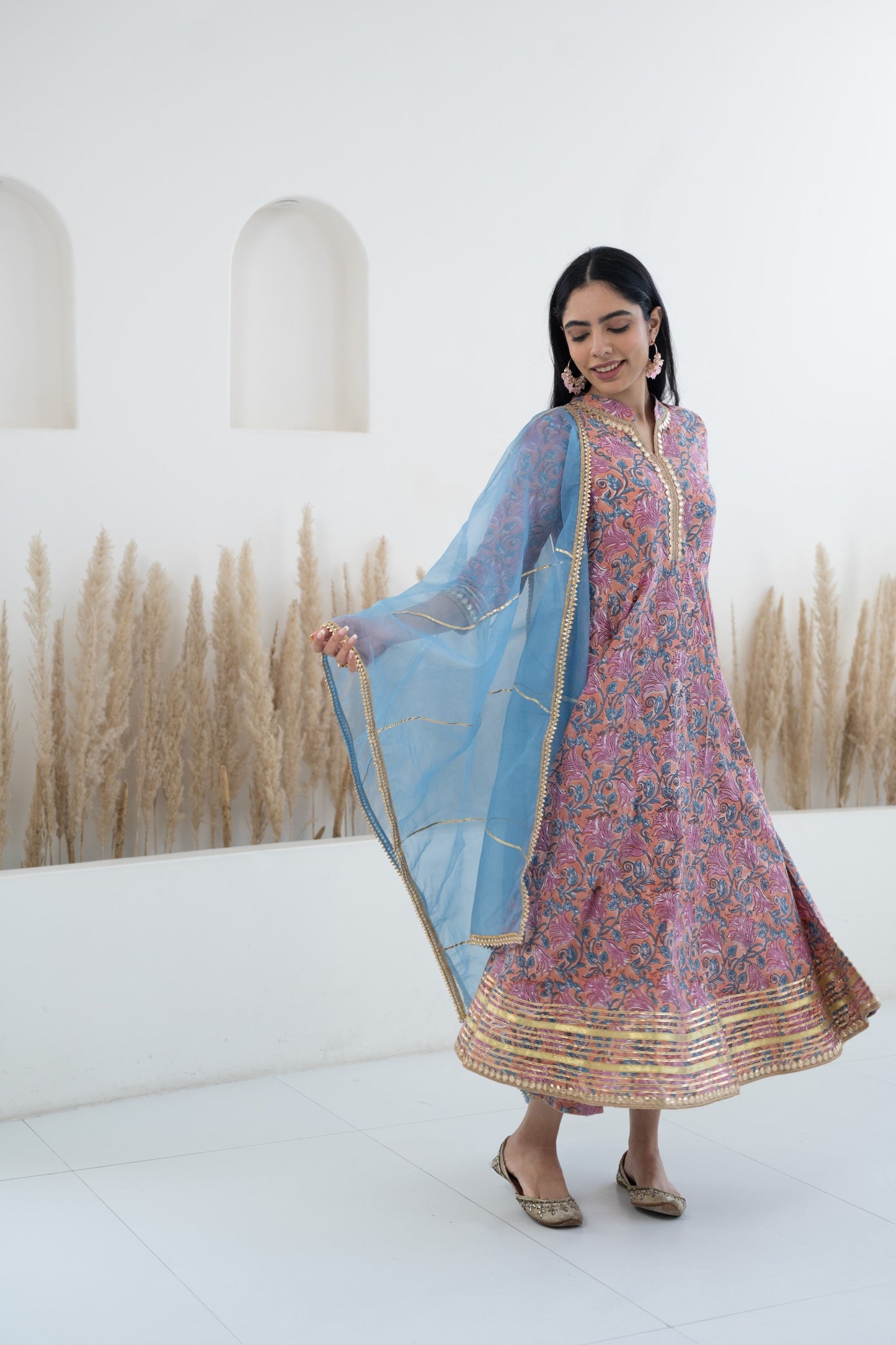Women's Floral Printed Anarkali Gown with Dupatta by Myshka- 2 pc set