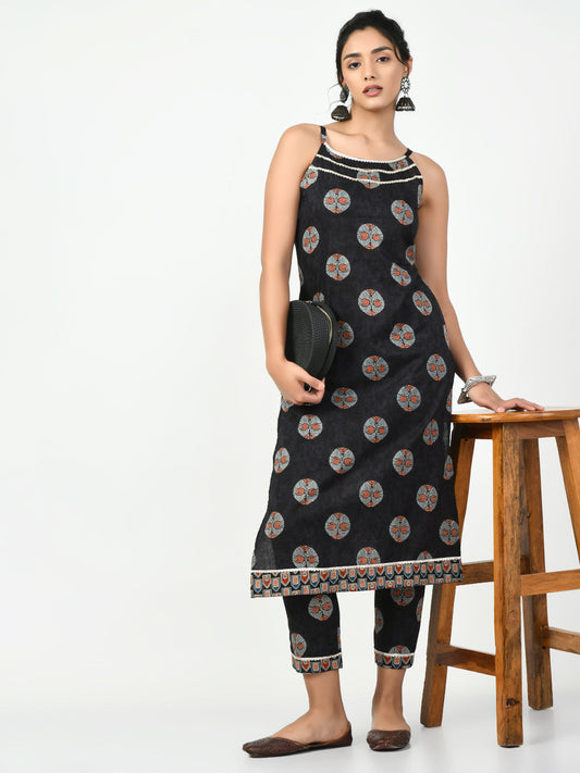 Myshka Women's Black Printed Kurta With Trouser Myshka
