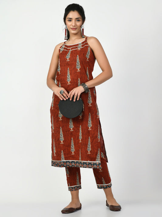 Myshka Women's Rust Printed Kurta With Trouser Myshka