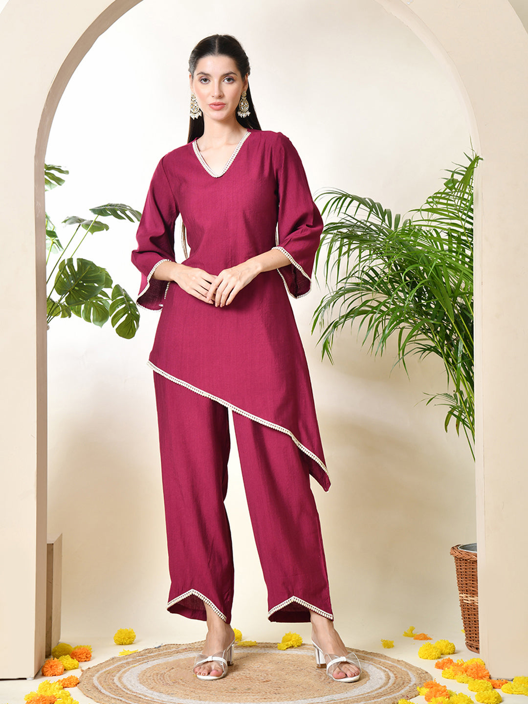 Myshka Women's Wine colour Co-ord set with Lace