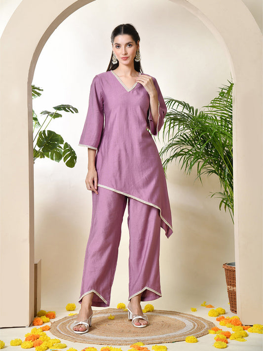 Myshka Women's Lavender colour Co-ord set with Lace