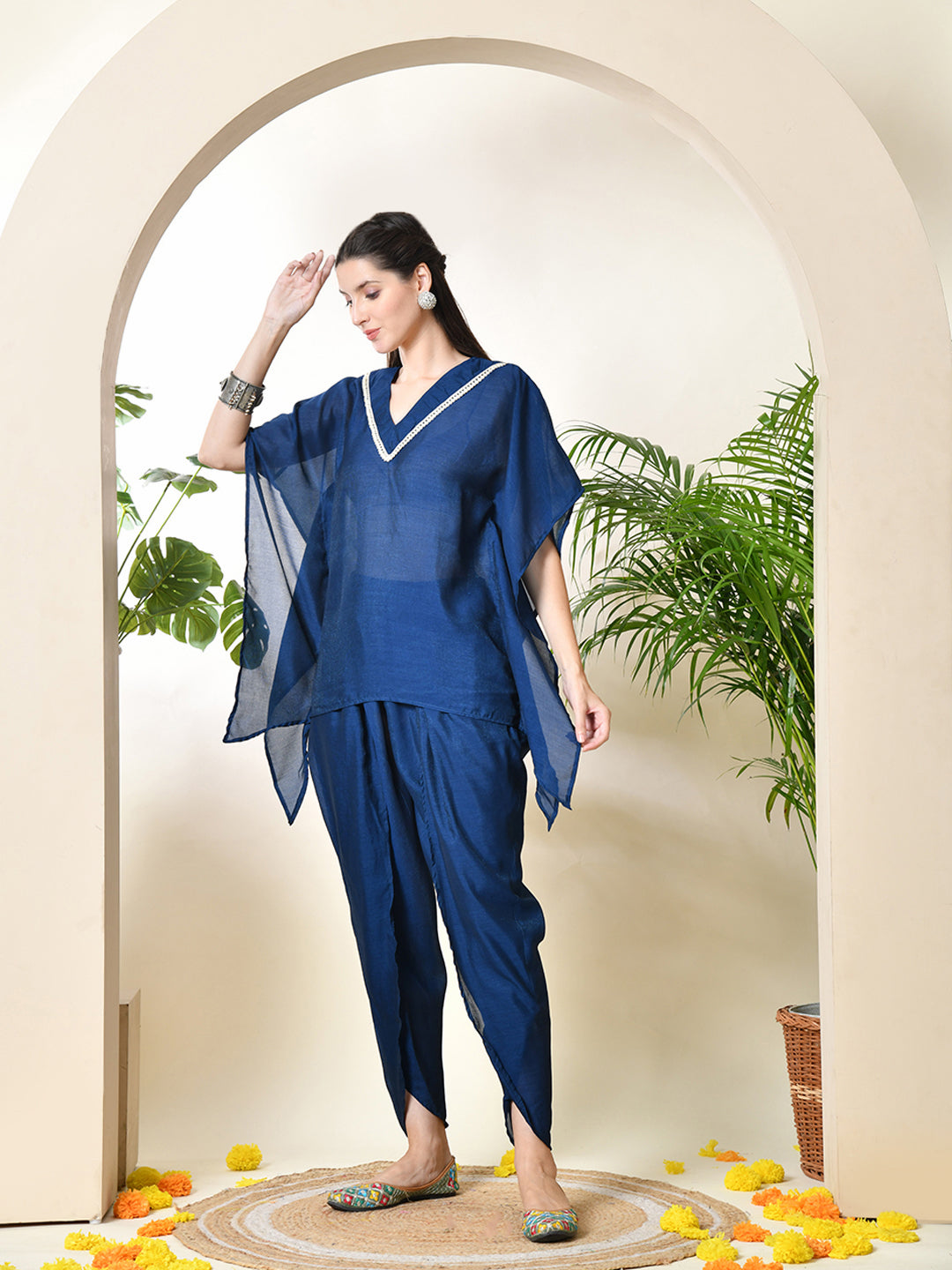 Myshka Women's Navy Blue colour Co-ord set with Lace