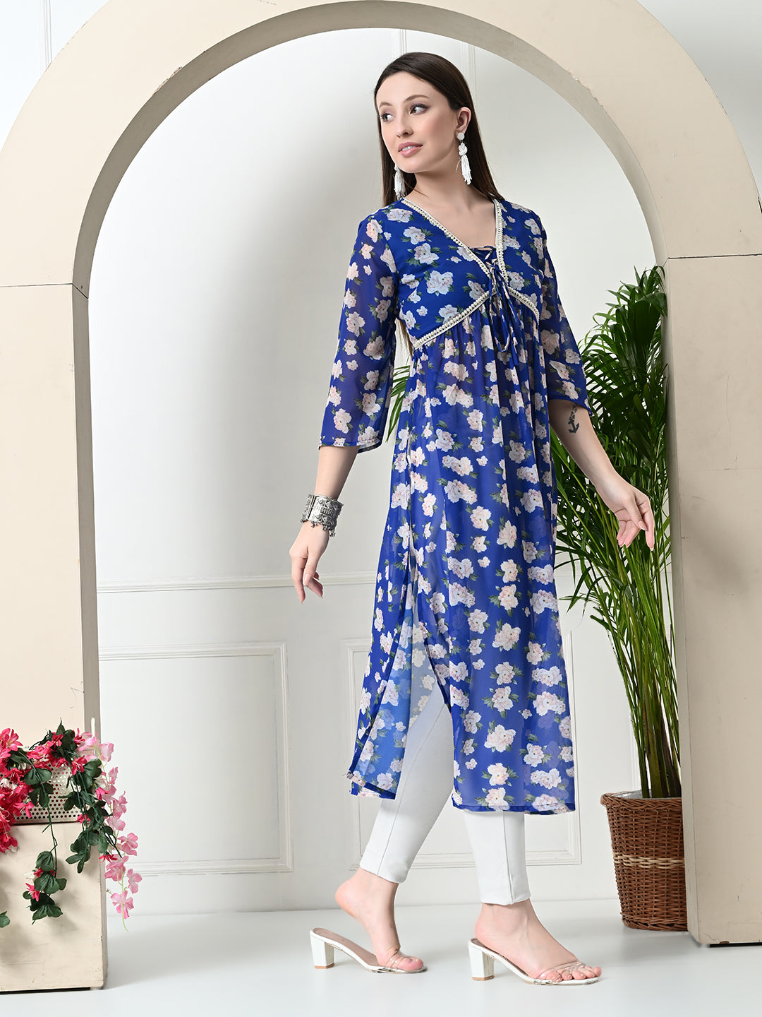 Myshka Women's Blue Printed Georgette A-Line Nyra-cut Kurta