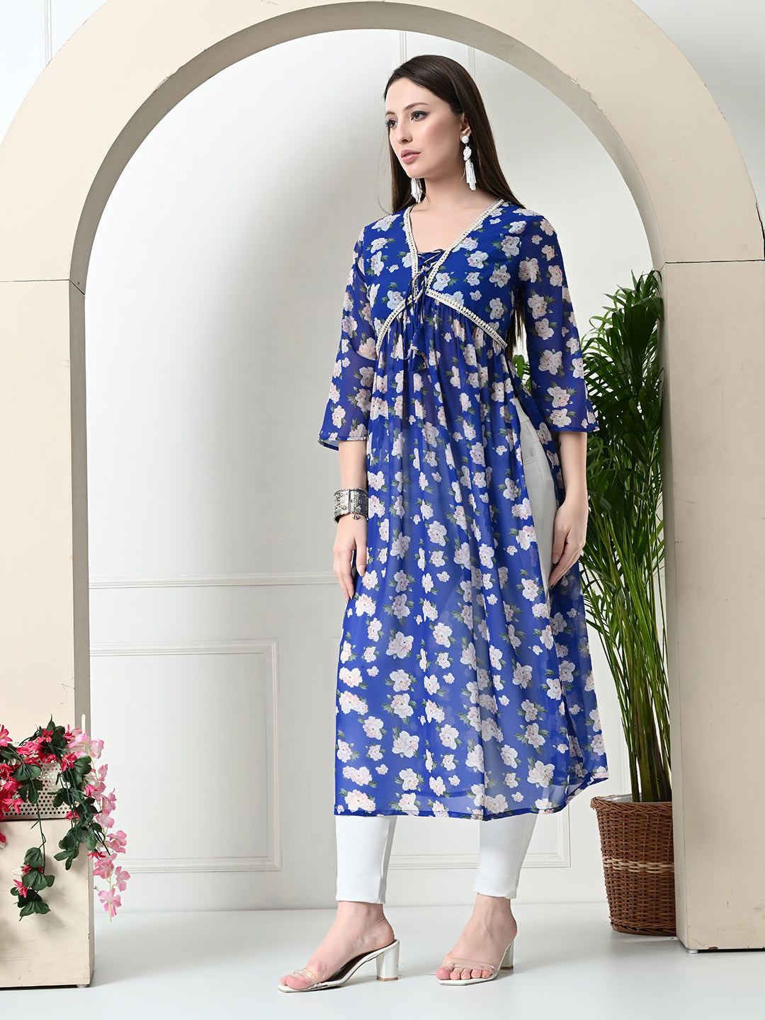 Myshka Women's Blue Printed Georgette A-Line Nyra-cut Kurta