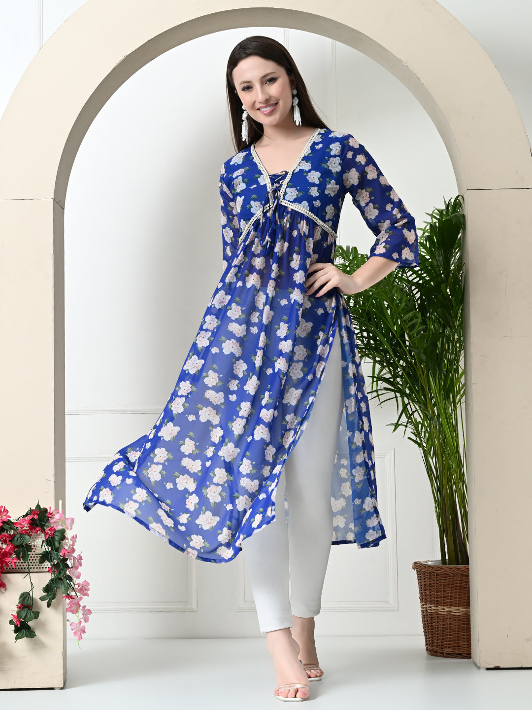 Myshka Women's Blue Printed Georgette A-Line Nyra-cut Kurta