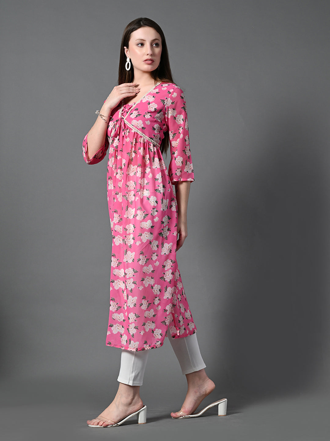 Myshka Women's Pink Printed Georgette A-Line Nyra-cut Kurta