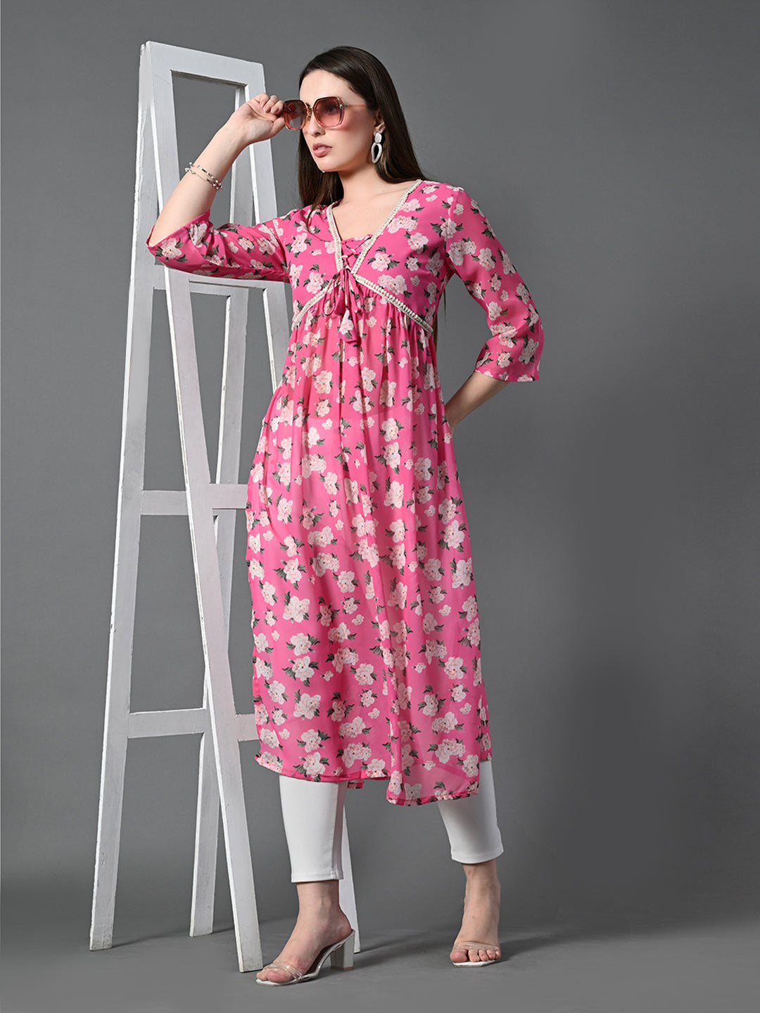 Myshka Women's Pink Printed Georgette A-Line Nyra-cut Kurta