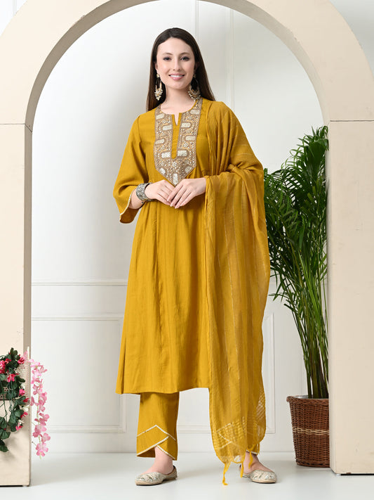 Myshka Women's Embroidered Keyhole Neck Bell Sleeves Kurta & Palazzos With Dupatta Sets in Musterd Colour