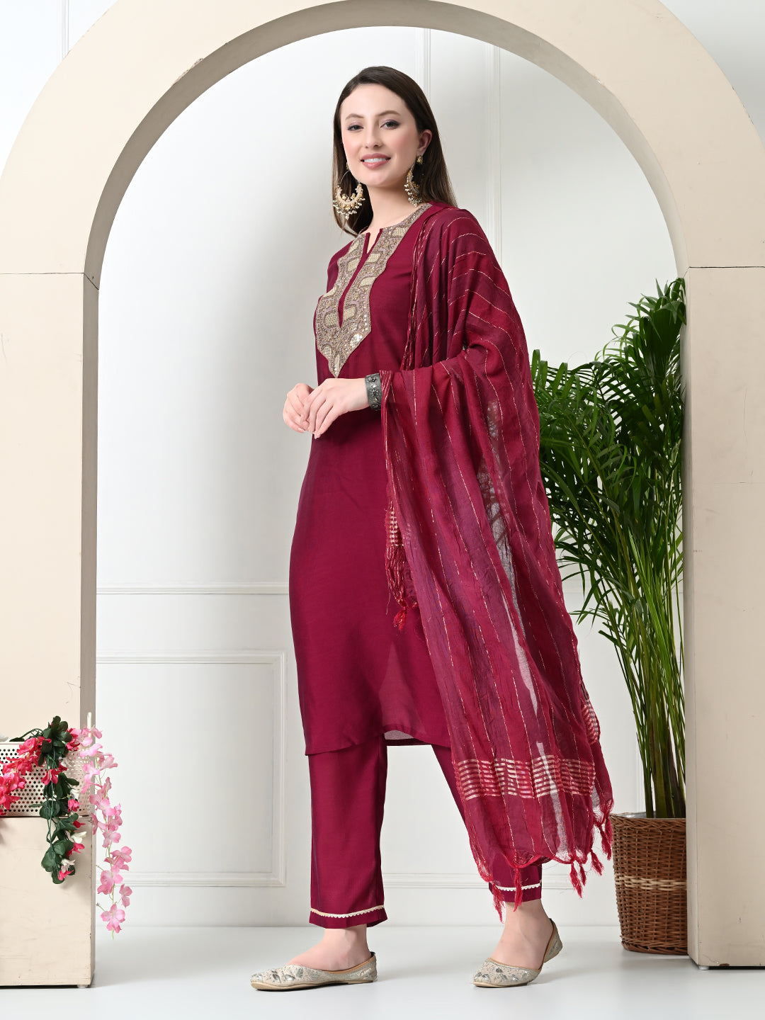 Myshka Women's Embroidered Keyhole Neck Bell Sleeves Kurta & Palazzos With Dupatta Sets in Magenta Colour