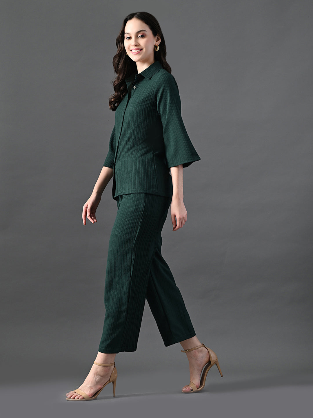 Myshka Women's Green Pleated Co-Ord Set