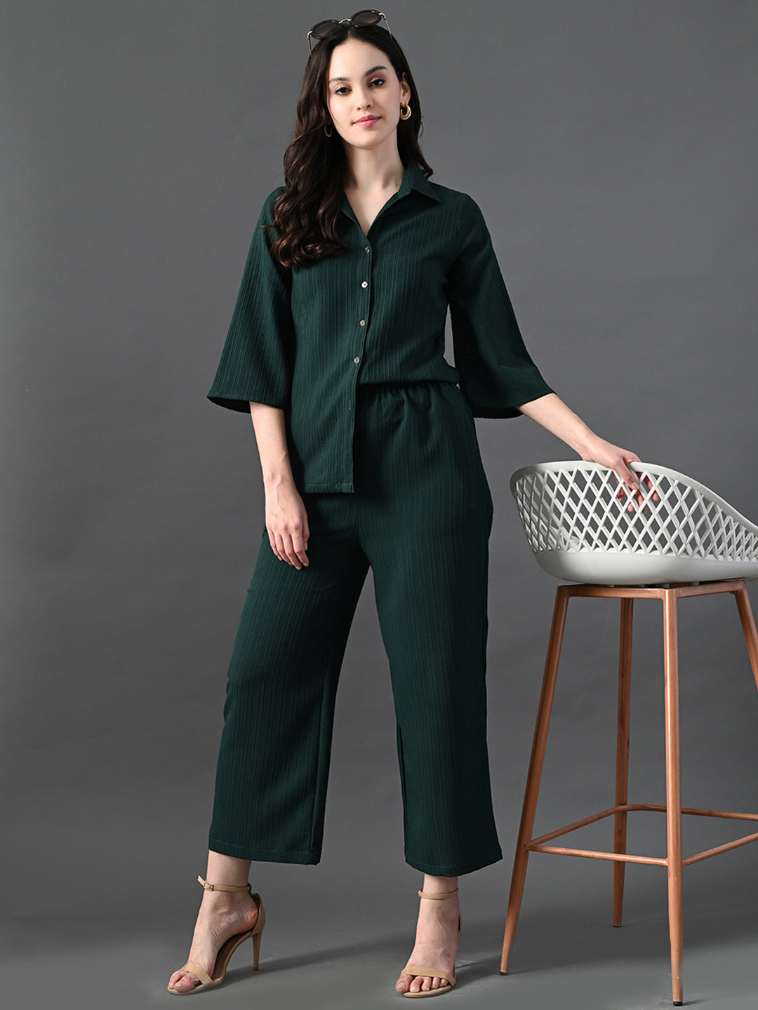 Myshka Women's Green Pleated Co-Ord Set