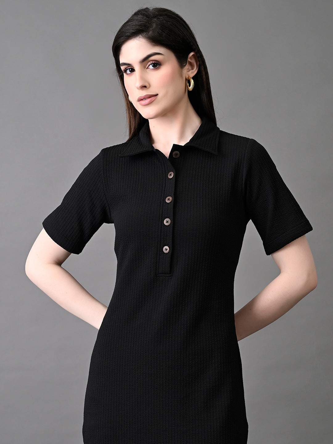 Myshka Women's Elegant Black Midi Dress With Collared Neckline