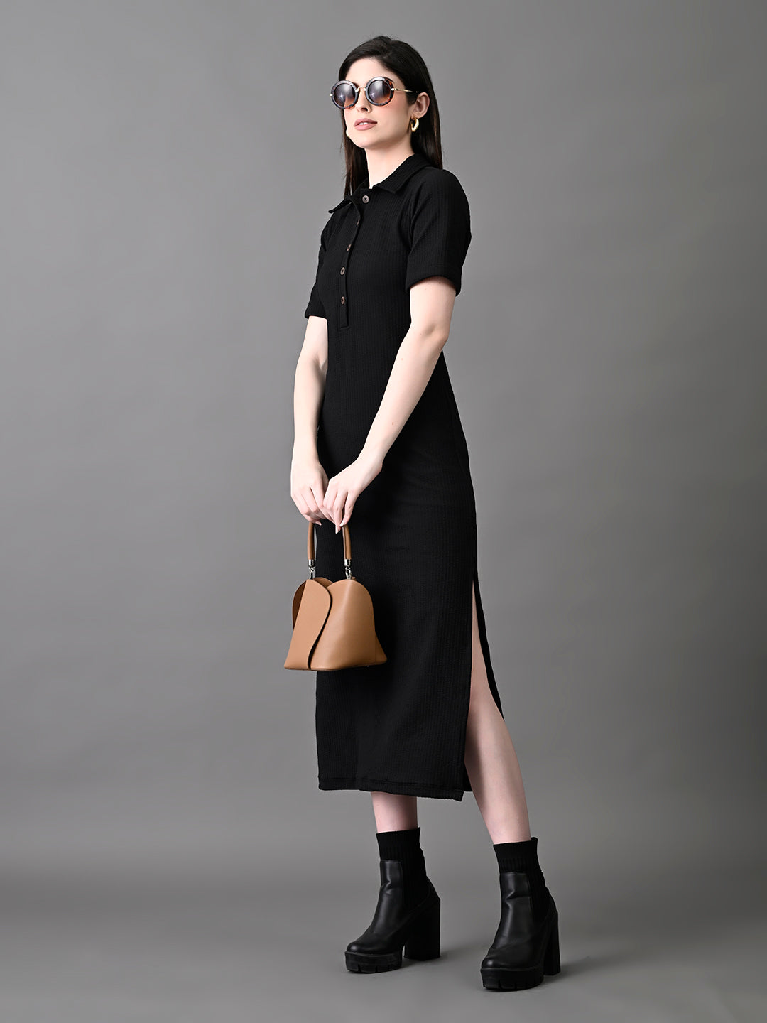 Myshka Women's Elegant Black Midi Dress With Collared Neckline