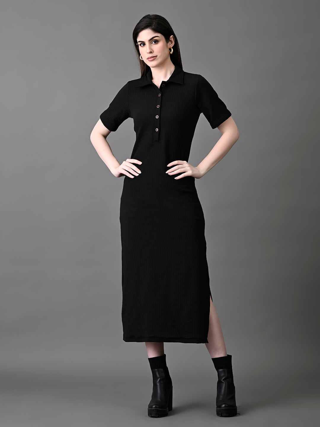 Myshka Women's Elegant Black Midi Dress With Collared Neckline