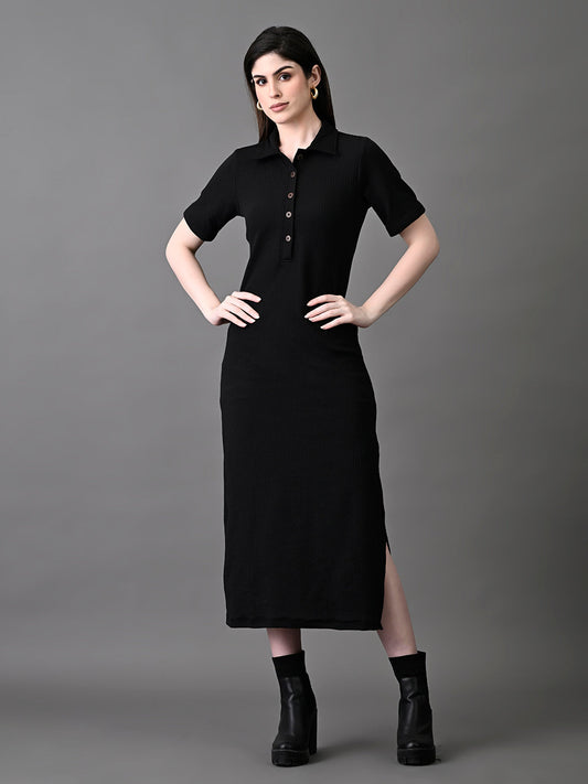Myshka Women's Elegant Black Midi Dress With Collared Neckline