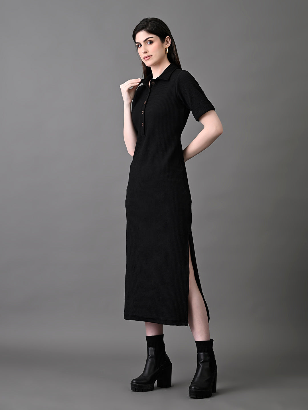 Myshka Women's Elegant Black Midi Dress With Collared Neckline