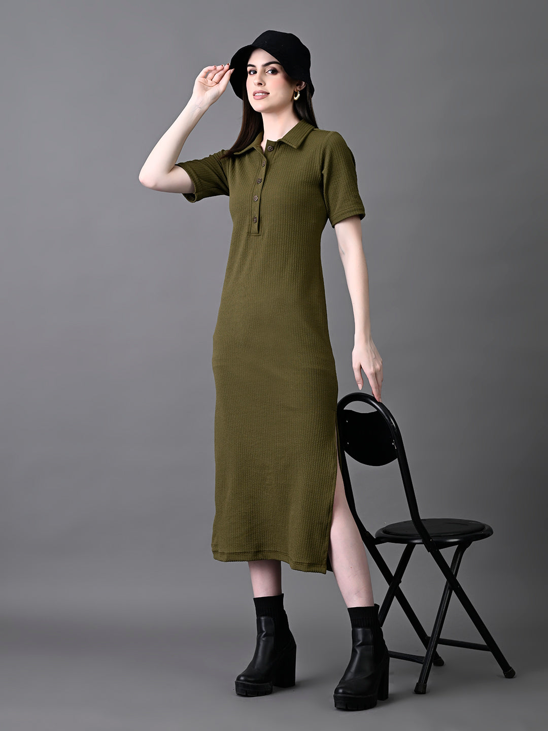 Myshka Women's Elegant Olive Midi Dress With Collared Neckline