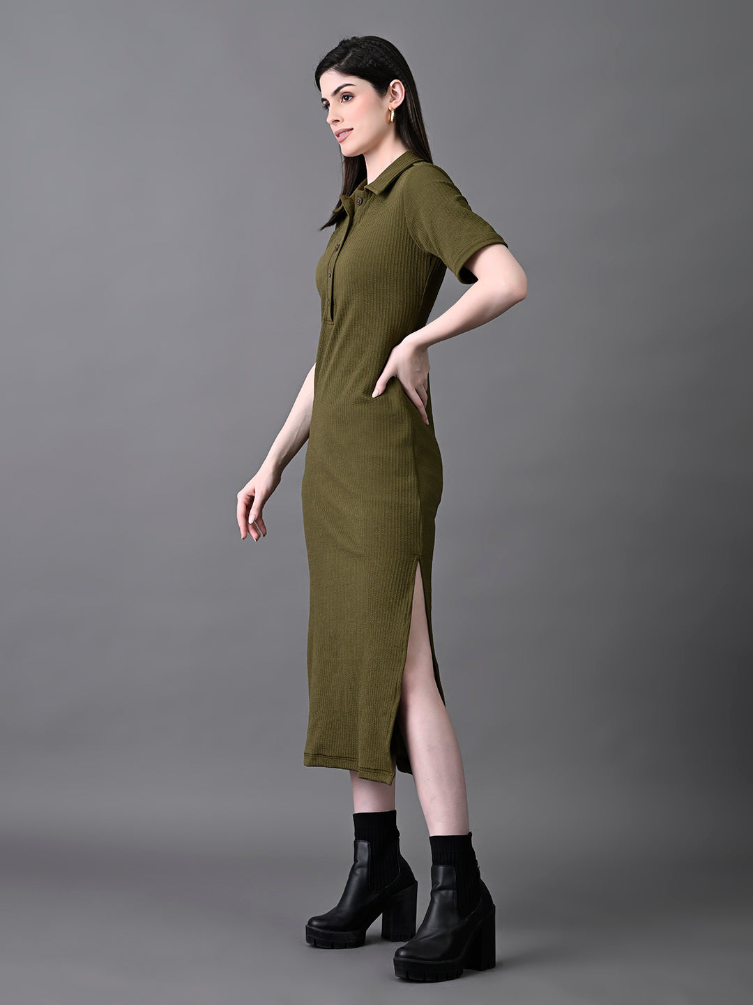 Myshka Women's Elegant Olive Midi Dress With Collared Neckline