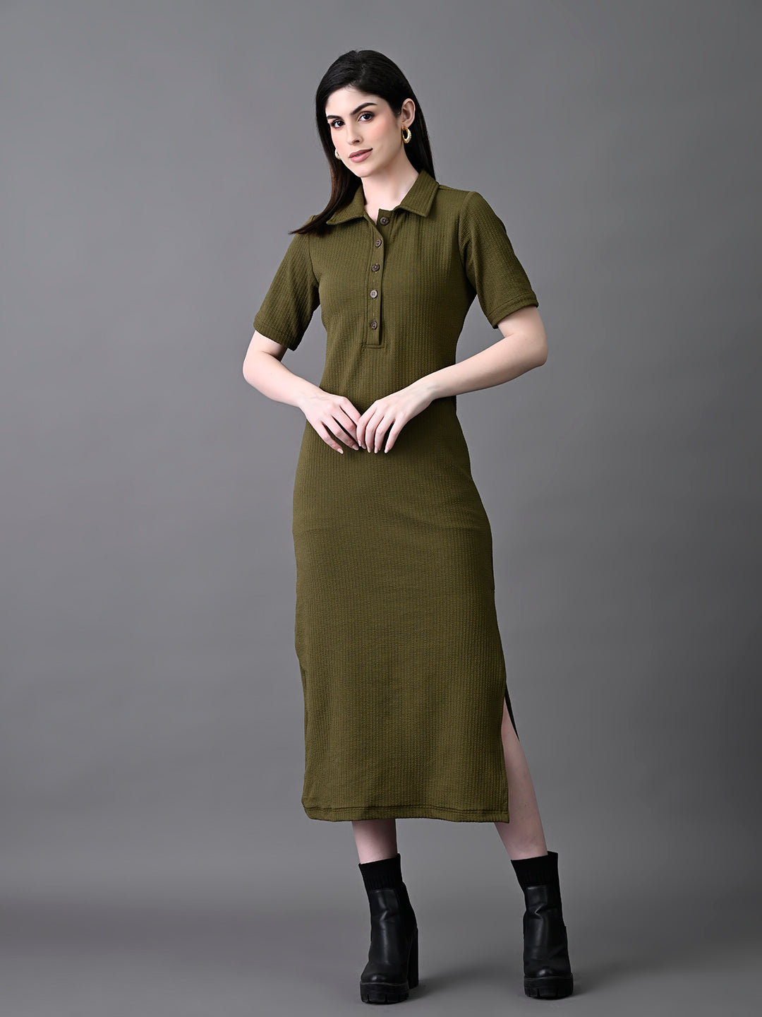 Myshka Women's Elegant Olive Midi Dress With Collared Neckline