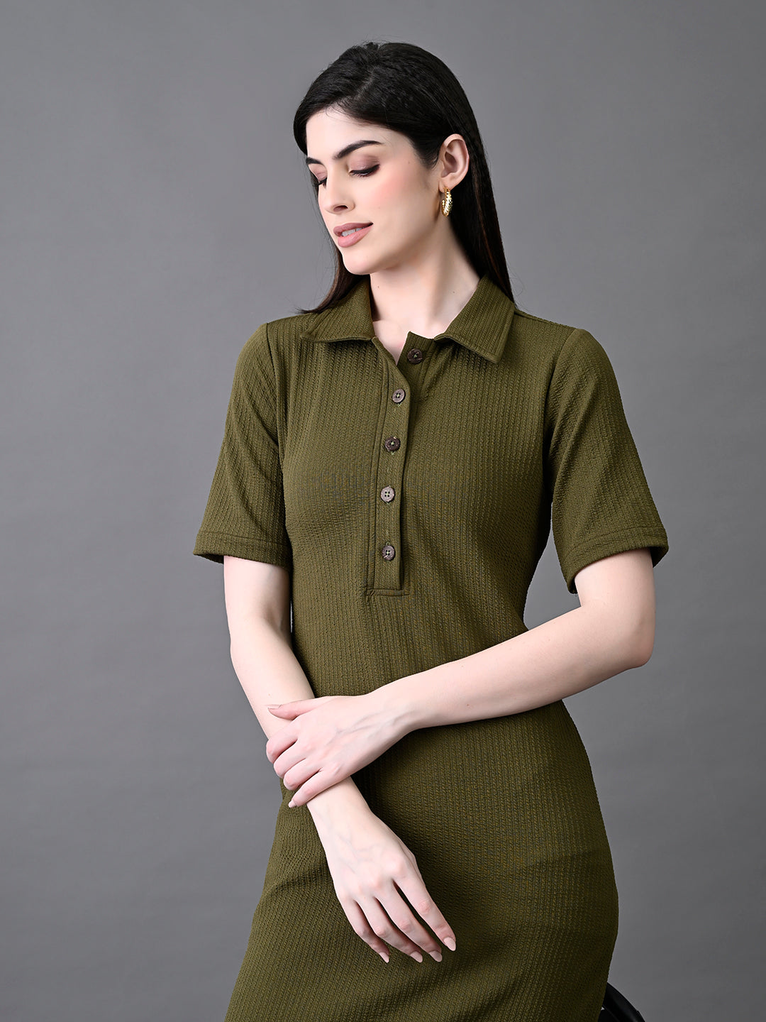 Myshka Women's Elegant Olive Midi Dress With Collared Neckline