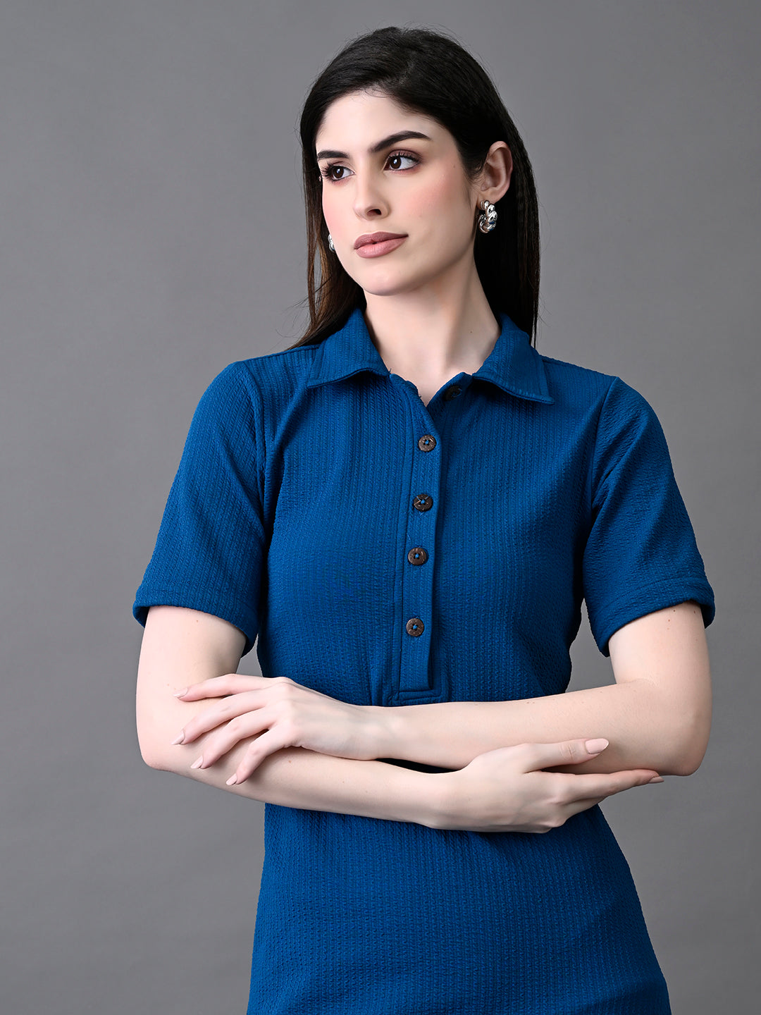 Myshka Women's Elegant Blue Midi Dress With Collared Neckline