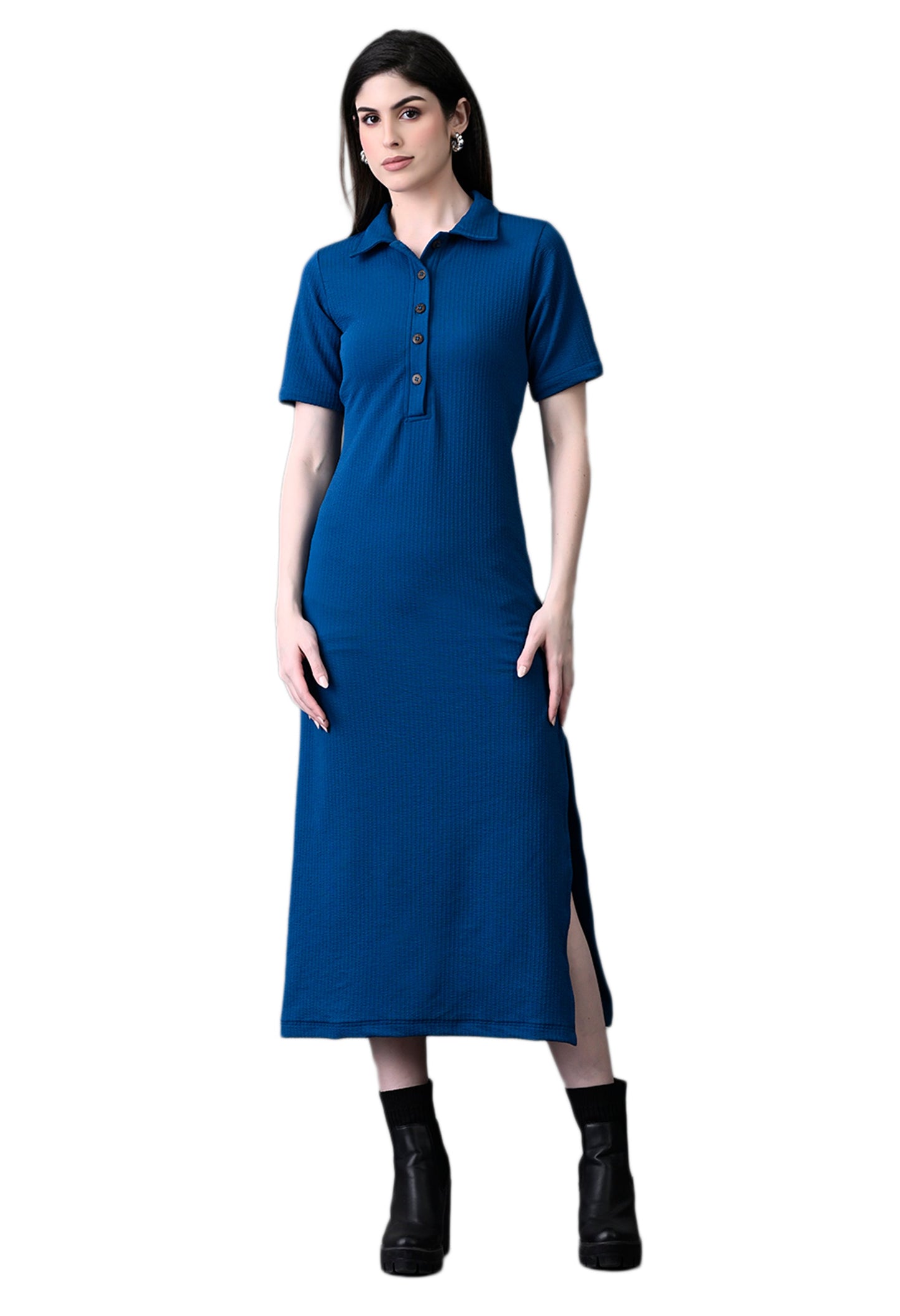 Myshka Women's Elegant Blue Midi Dress With Collared Neckline