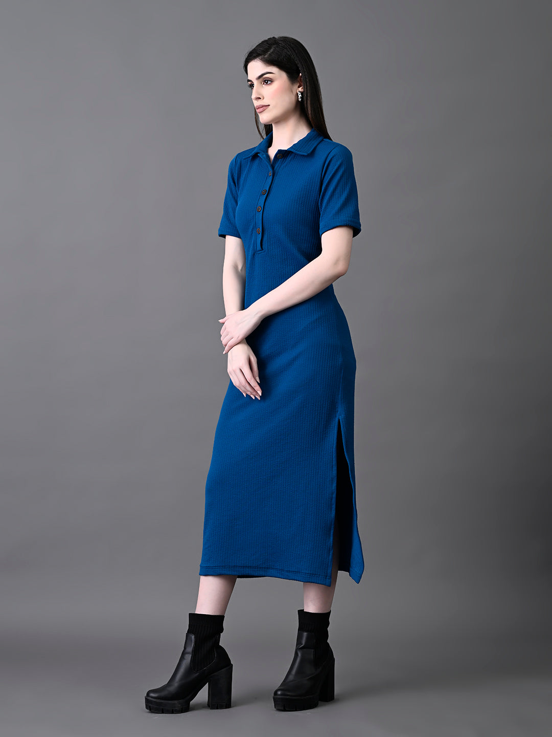 Myshka Women's Elegant Blue Midi Dress With Collared Neckline