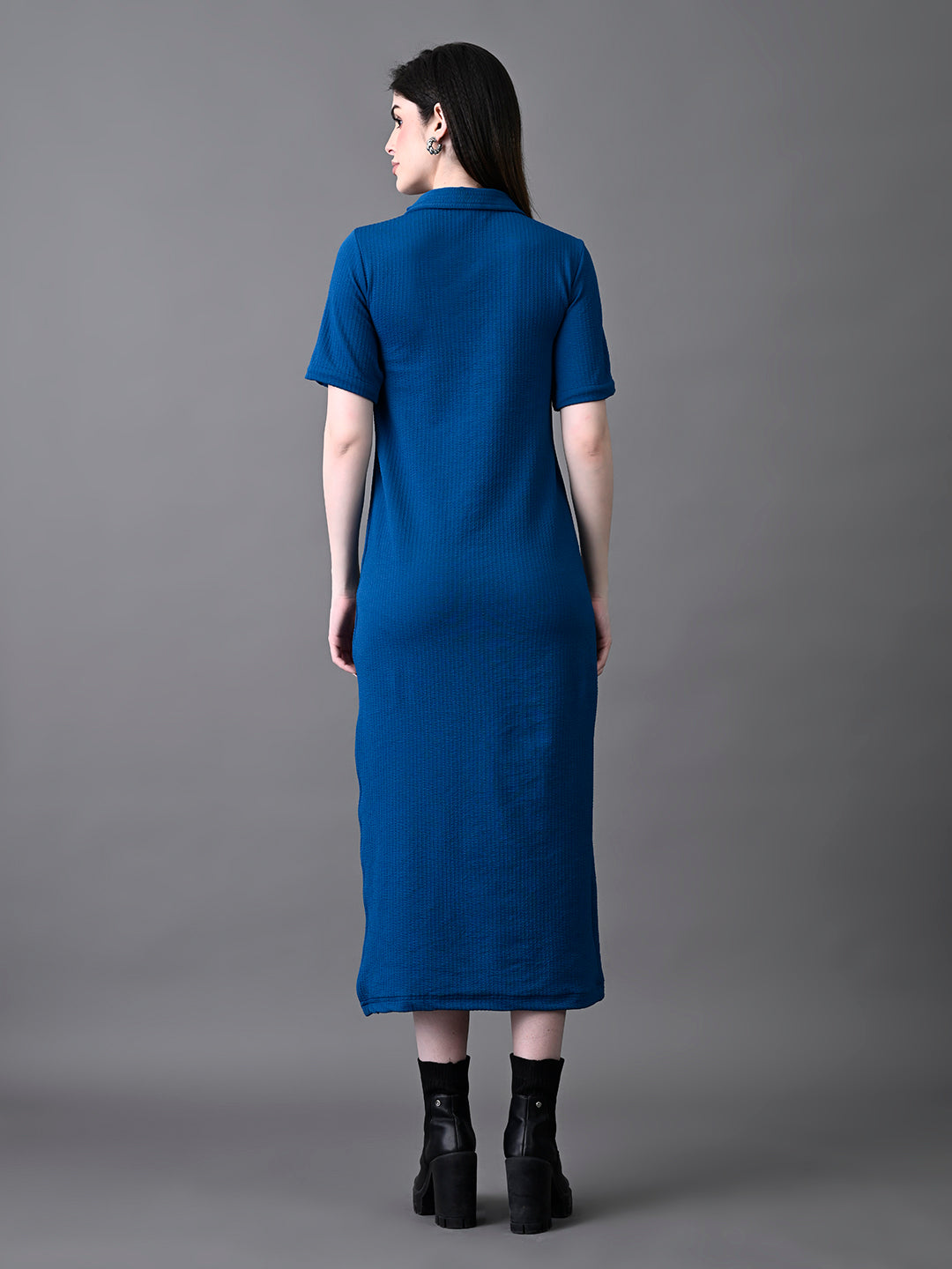 Myshka Women's Elegant Blue Midi Dress With Collared Neckline