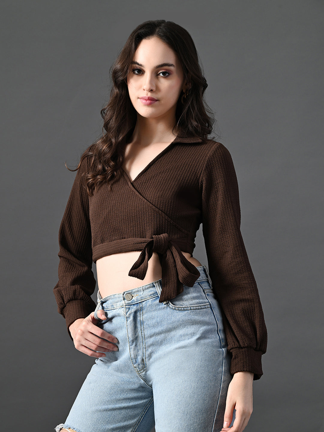 Myshka Women's Stylish Coffe Wrap Crop Top With Full Sleeves