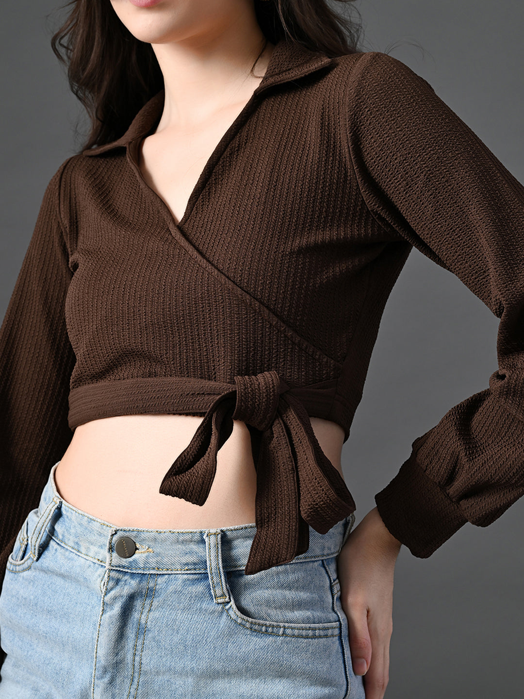 Myshka Women's Stylish Coffe Wrap Crop Top With Full Sleeves