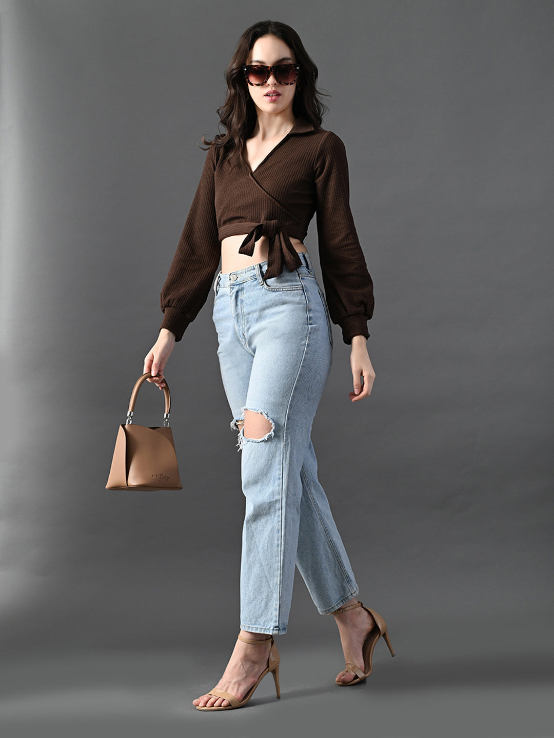Myshka Women's Stylish Coffe Wrap Crop Top With Full Sleeves