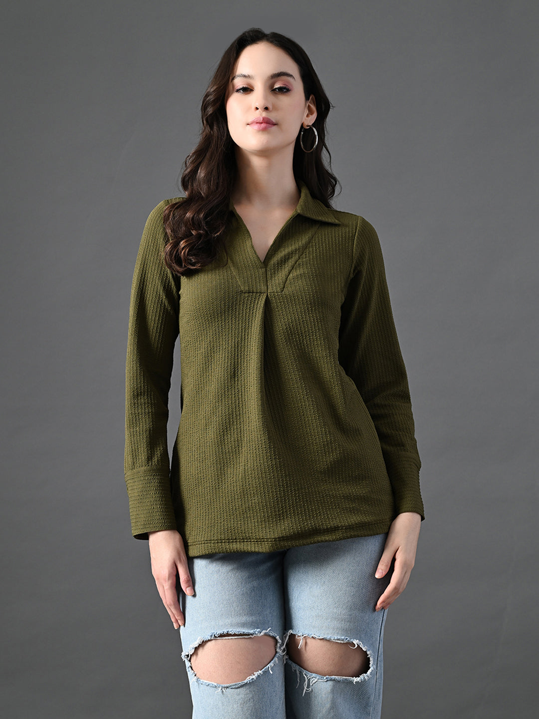 Myshka Women's Classic Olive Green V-Neck Full Sleeve Top For Daily Wear