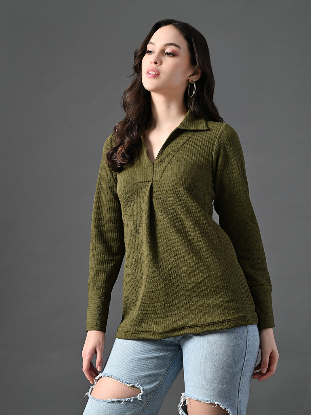 Myshka Women's Classic Olive Green V-Neck Full Sleeve Top For Daily Wear