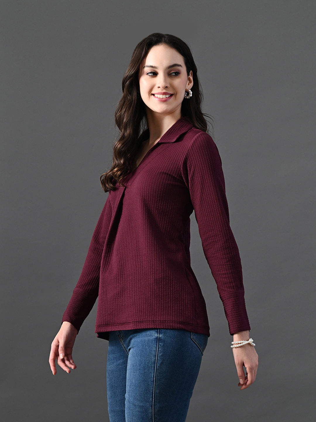 Myshka Women's Classic Magenta V-Neck Full Sleeve Top For Daily Wear