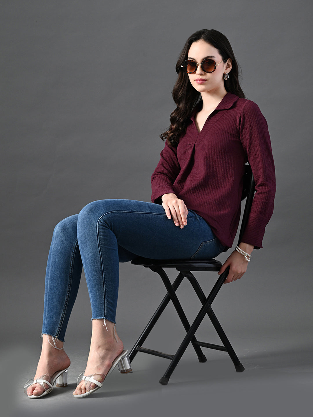 Myshka Women's Classic Magenta V-Neck Full Sleeve Top For Daily Wear