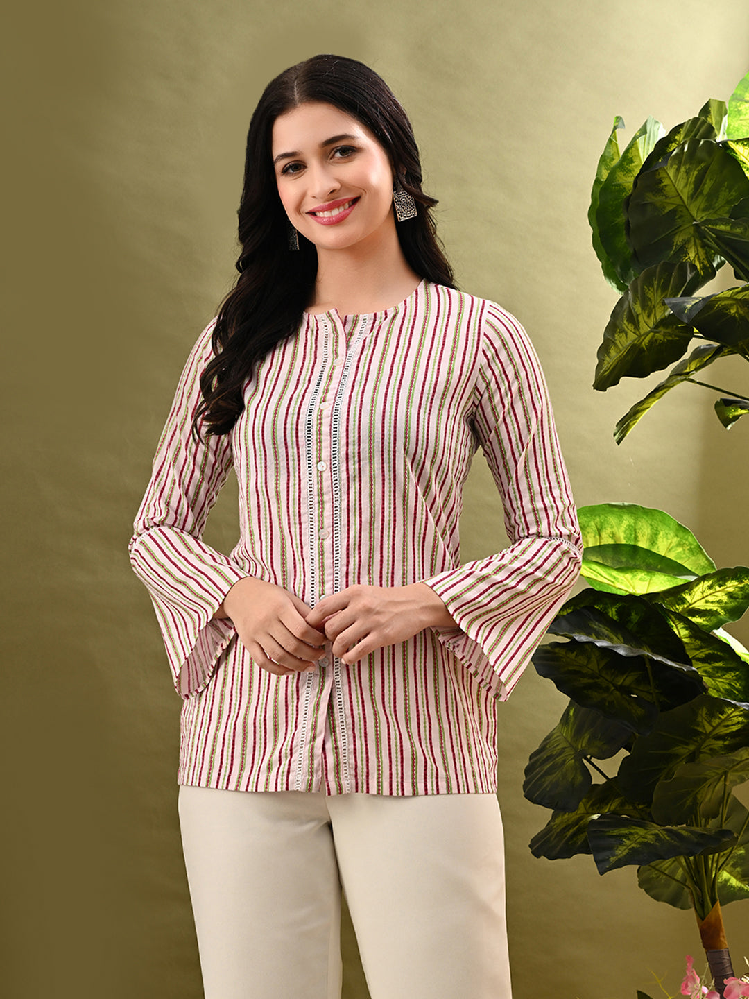 Myshka Women's Multi Stripe Printed Tunic With Lace