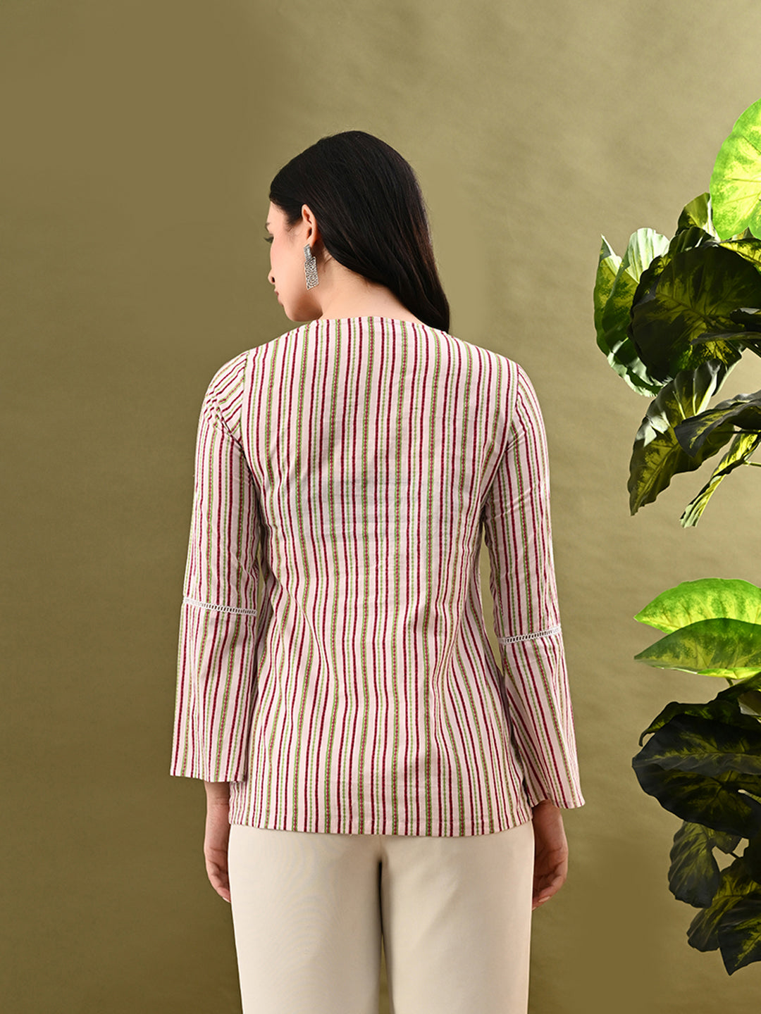 Myshka Women's Multi Stripe Printed Tunic With Lace